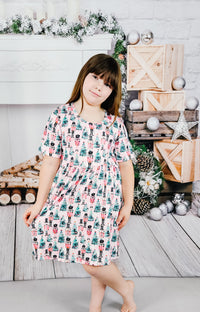 Pink Nutcracker Short Sleeve Milk Silk Dress