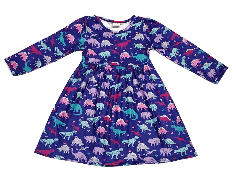 Dino Long Sleeve Milk Silk Dress - Great Lakes Kids Apparel LLC